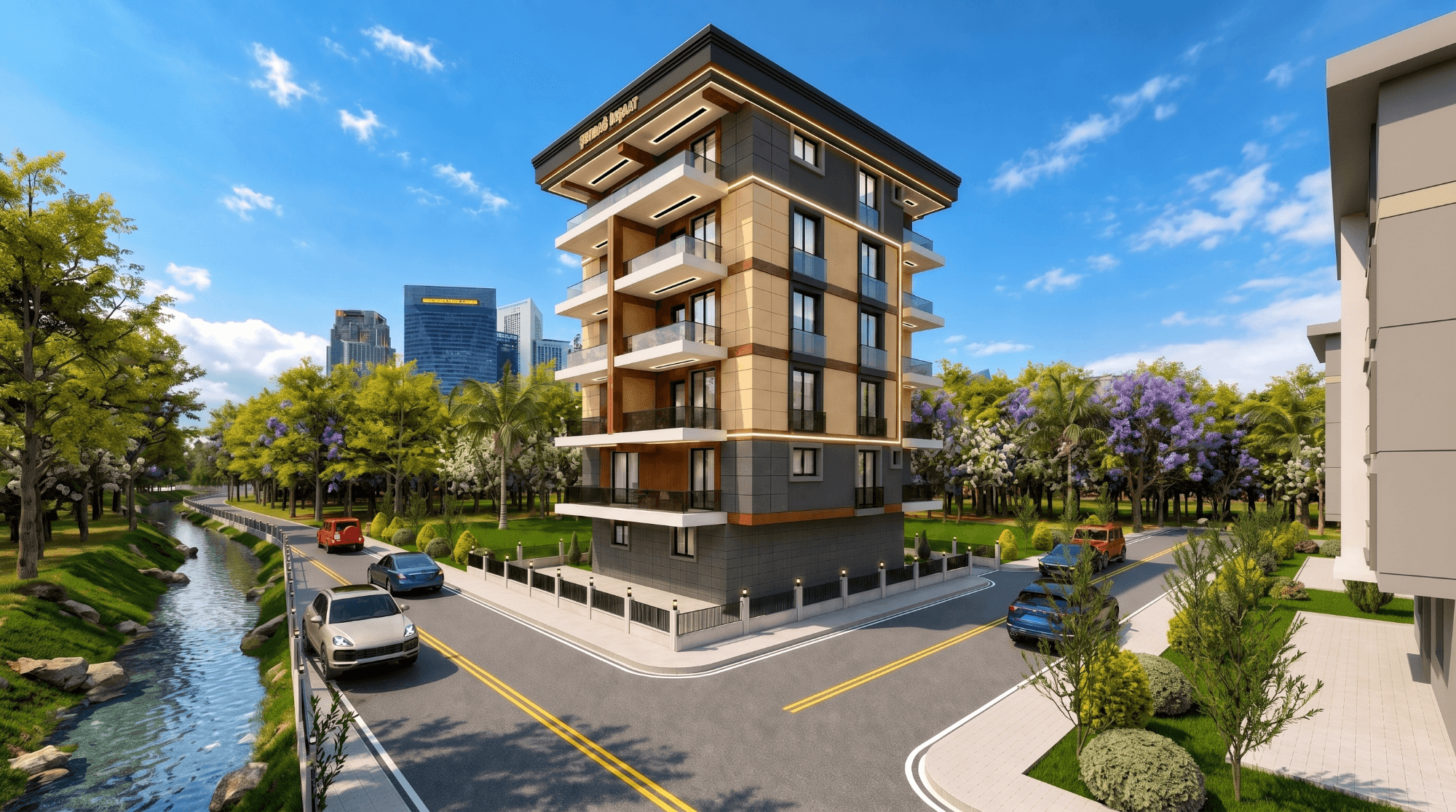 Kanal kenarındaki beş katlı apartmanın üç boyutlu görselleştirmesi — Finike Konut Projesi II