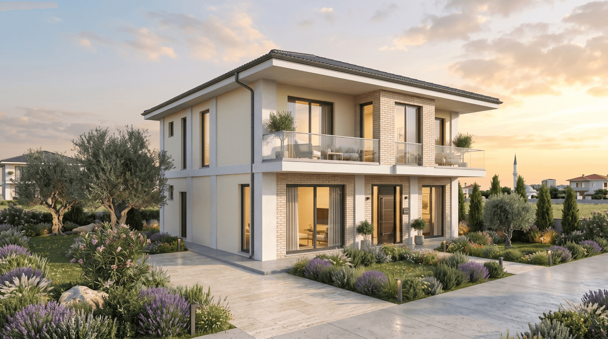 Akşam aydınlatmasıyla modern iki katlı müstakil villa cephesi ve peyzajlı bahçe — Gümüşyaka Müstakil Konut Projesi