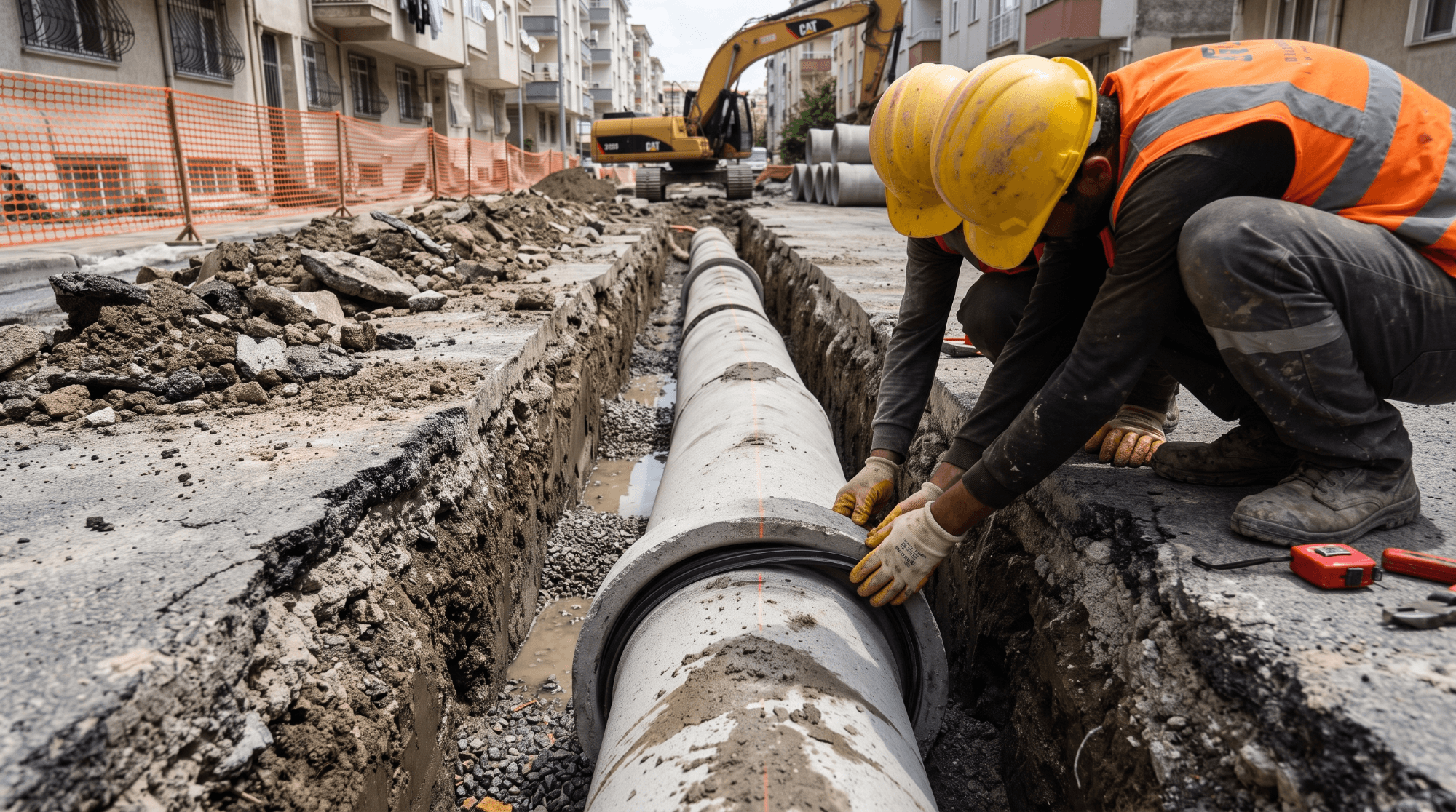 Cadde üzerinde açılan hendekte beton altyapı borusunun eklenmesi; arkada ekskavatör ve sıralanmış yedek borular.