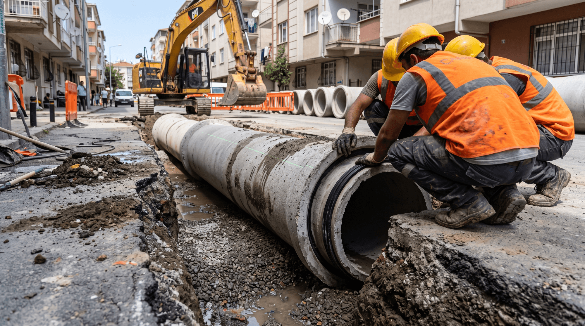 Sokakta açılan hendeğe beton kanalizasyon borusunun yerleştirilmesi; iki işçi boruyu hizalarken arkada ekskavatör bekliyor.